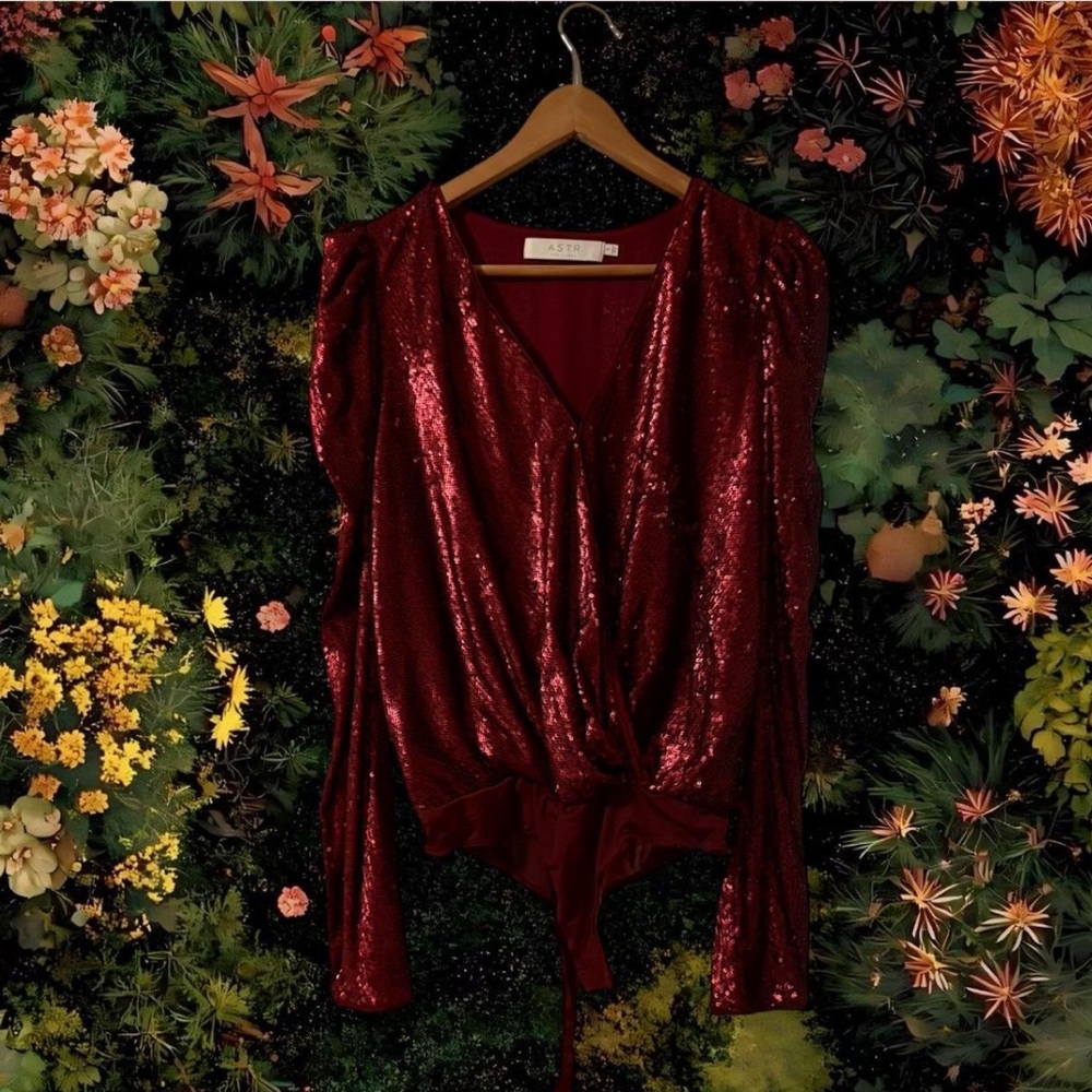 Astr red sequin puff shoulder bodysuit